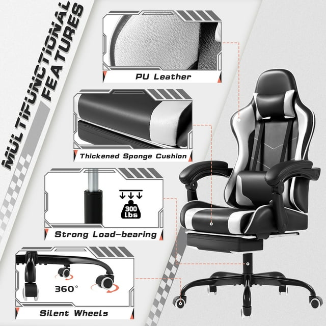 Furmax High Back Massage Gaming Chair with Footrest PU Leather Racing Computer Chair with Lumbar Support Ergonomic Office Chairs, White