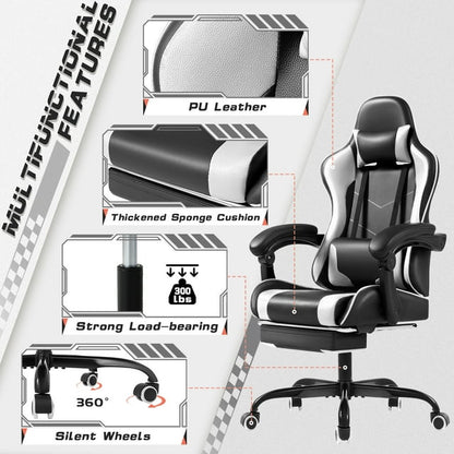 Furmax High Back Massage Gaming Chair with Footrest PU Leather Racing Computer Chair with Lumbar Support Ergonomic Office Chairs, White