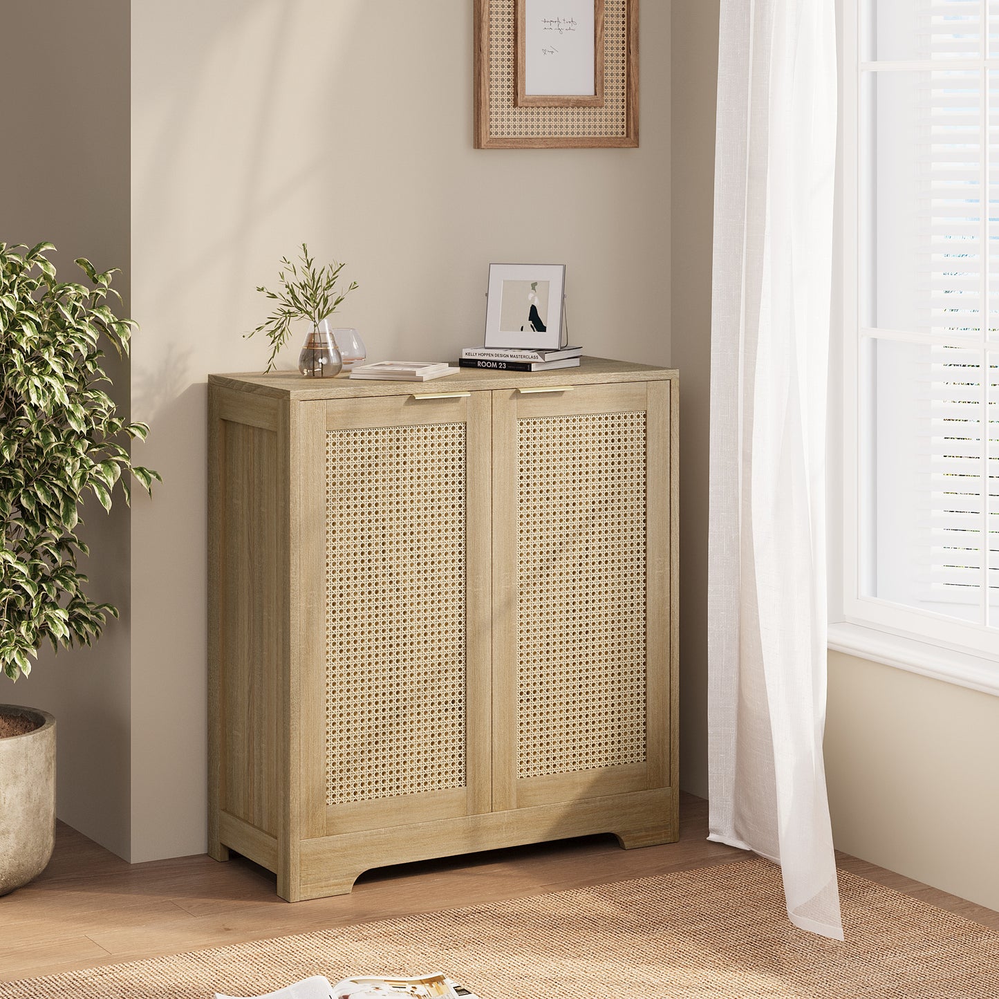 Furmax Rattan Door Buffet Cabinet Sideboard for Kitchen Wood Storage with Adjustable Shelf for Hallway Entry and Living Room