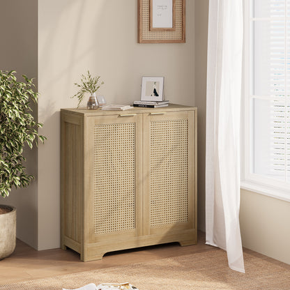 Furmax Rattan Door Buffet Cabinet Sideboard for Kitchen Wood Storage with Adjustable Shelf for Hallway Entry and Living Room