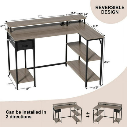 Furmax L-Shape Office Desk Gaming Table with LED Lights Built-in Socket Computer Stand Cloth Drawer 2 Types of Assembly