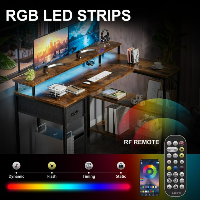 Furmax L-Shape Office Desk Gaming Table with LED Lights Built-in Socket Computer Stand Cloth Drawer 2 Types of Assembly