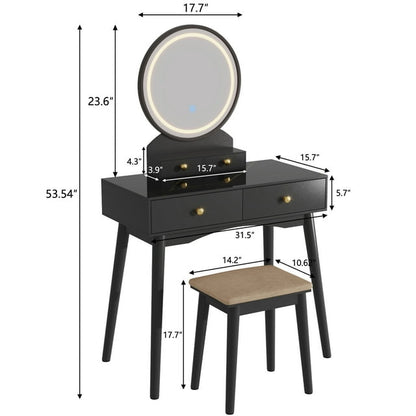 Furmax Vanity Table with Lighted Mirror, Vanity Desk with Stool, Dressing Table with 4 Drawers, Makeup Vanity Set