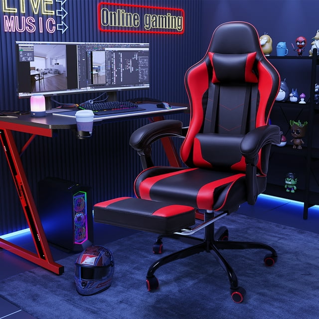 Furmax High Back Massage Gaming Chair with Footrest PU Leather Racing Computer Chair with Lumbar Support Ergonomic Office Chairs, White
