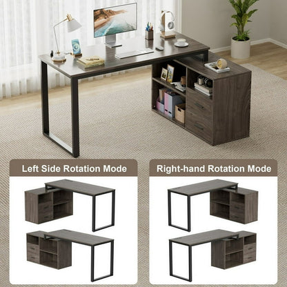 Furmax 55 Inch L-Shaped Corner Computer Desk with File Cabinet, Power Outlet, Home Office Desk with 2 Drawers and 3 Storage Shelve, Workstation Executive Desk with Storage Shelf for Home Office