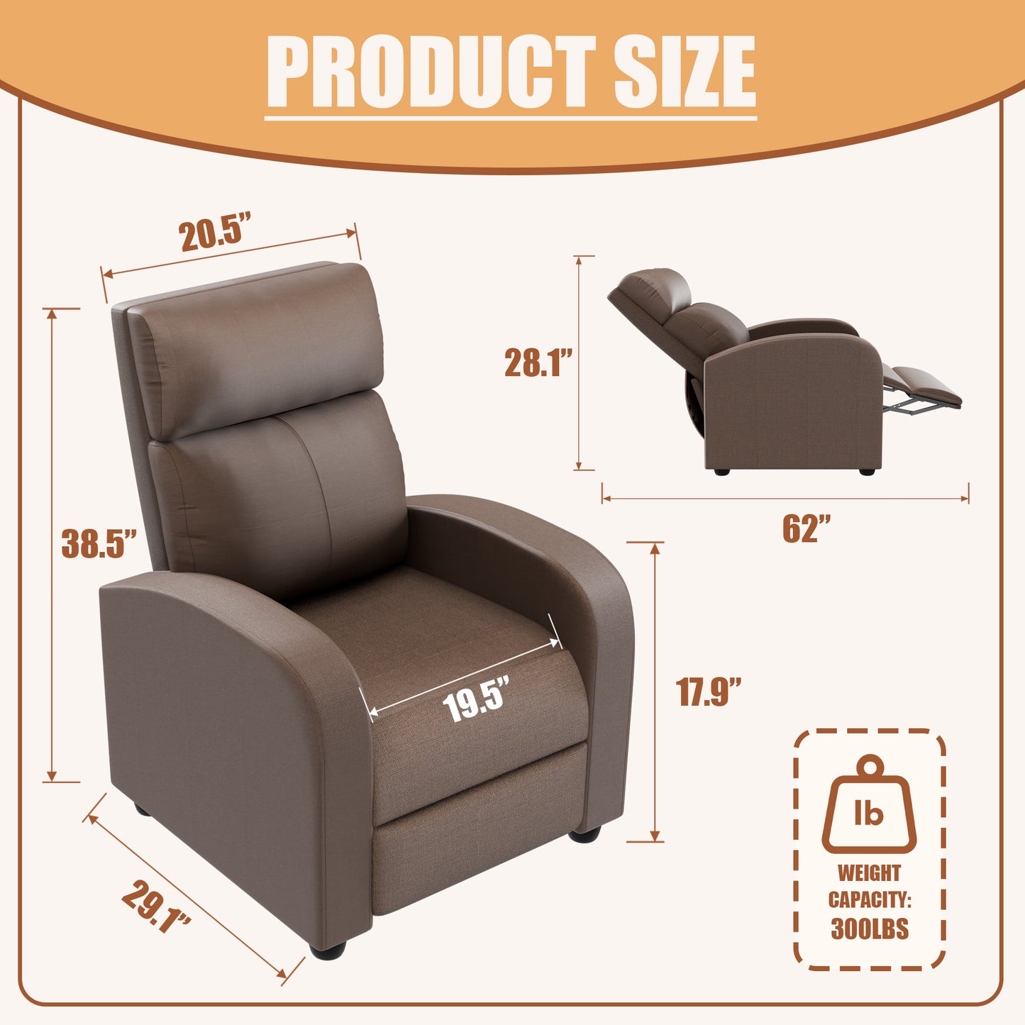Furmax Recliner Chair Pu Leather Single Sofa Home Theater Recliners with Lumbar Support for Living Room