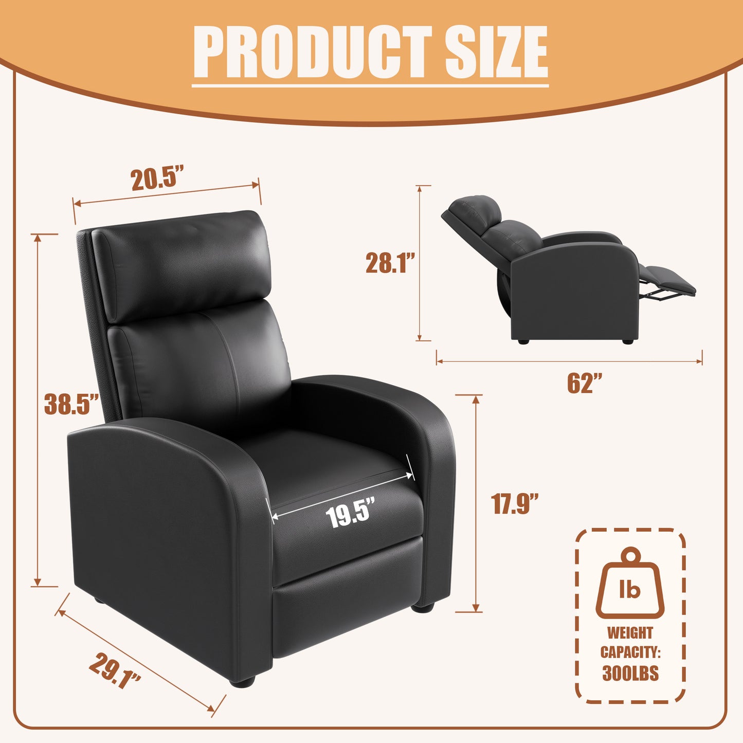 Furmax Recliner Chair Pu Leather Single Sofa Home Theater Recliners with 2 Point Massage Function for Living Room