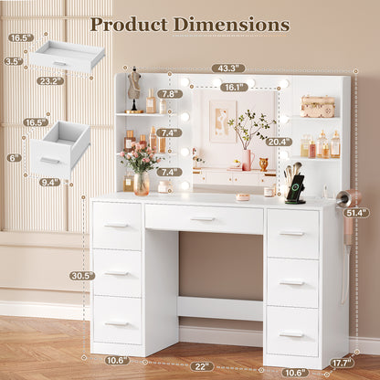 Furmax Makeup Vanity with Mirror and Drawers Vanity Desk Set with 3 Modes Adjustable Brightness Lights and USB Power Outlet