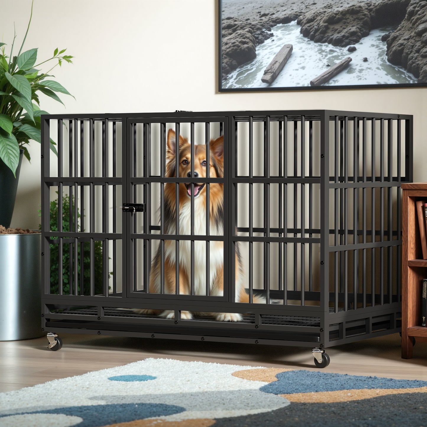 Furmax Heavy Duty Dog Crate with Removable Tray Large Dog Kennel Heavy Duty Dog Crate cage with Wheels