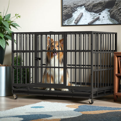 Furmax Heavy Duty Dog Crate with Removable Tray Large Dog Kennel Heavy Duty Dog Crate cage with Wheels