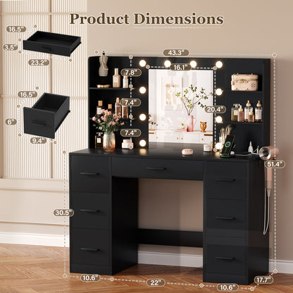 Furmax Makeup Vanity with Mirror and Drawers Vanity Desk Set with 3 Modes Adjustable Brightness Lights and USB Power Outlet