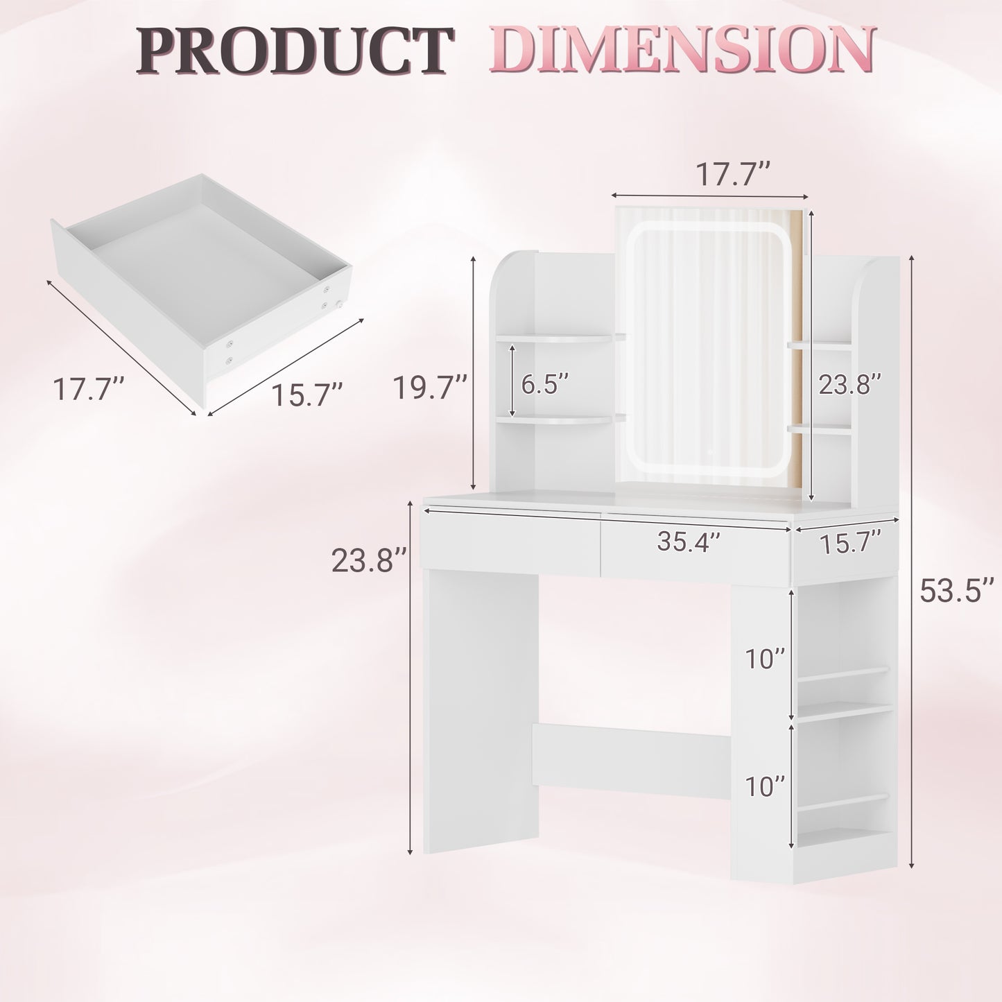 Furmax Makeup Vanity Desk and Bench Set with LED Lighted Mirror Vanity Table with Drawers, Shelves & Side Storage for Bedroom