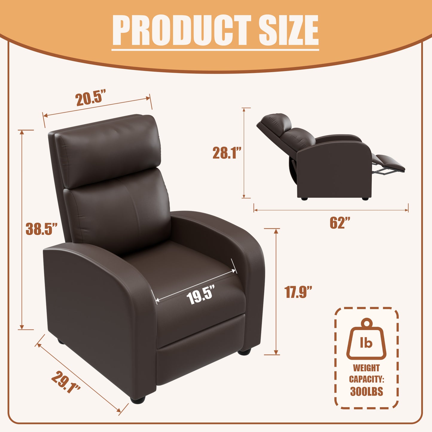 Furmax Recliner Chair Pu Leather Single Sofa Home Theater Recliners with Lumbar Support for Living Room
