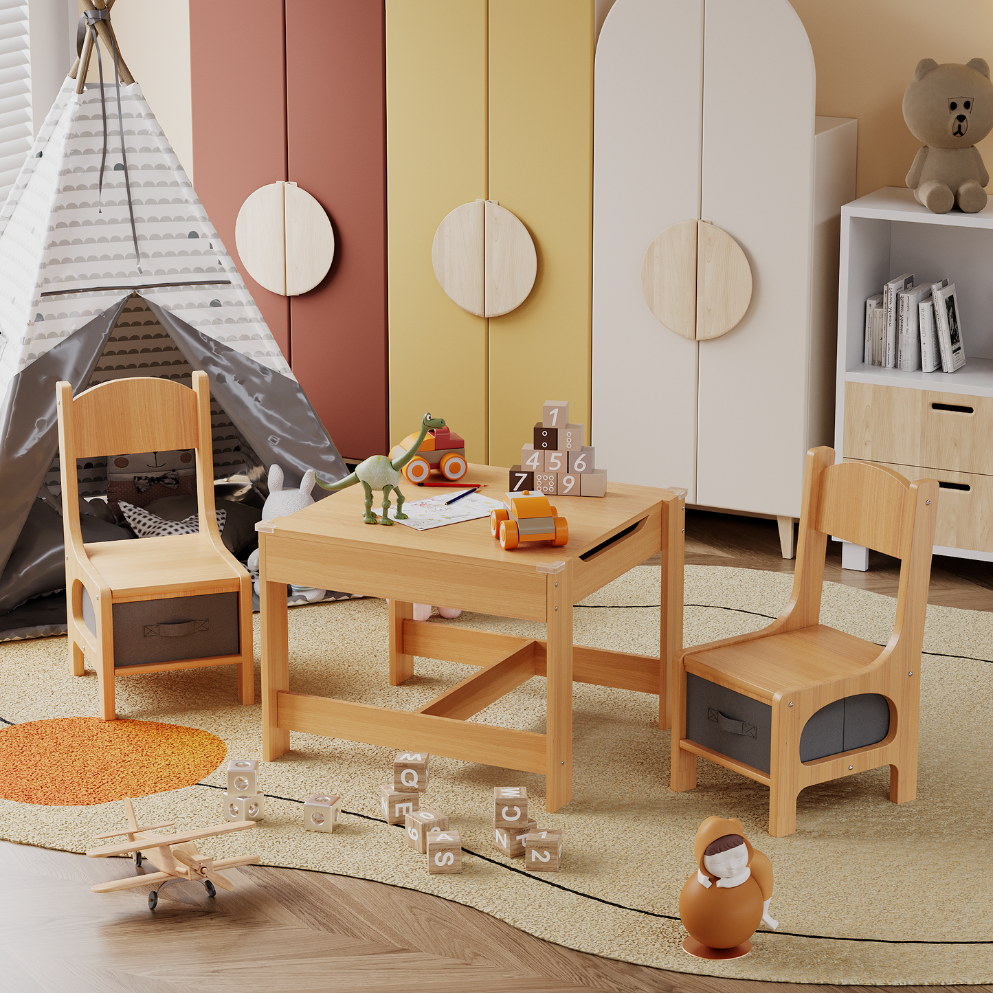Furmax Children Table and Chair Set, 3 in 1 Wooden Activity Table and Chair Set with 2 in 1 Detachable Tabletop Table Storage Drawer for Home Nursery Playroom