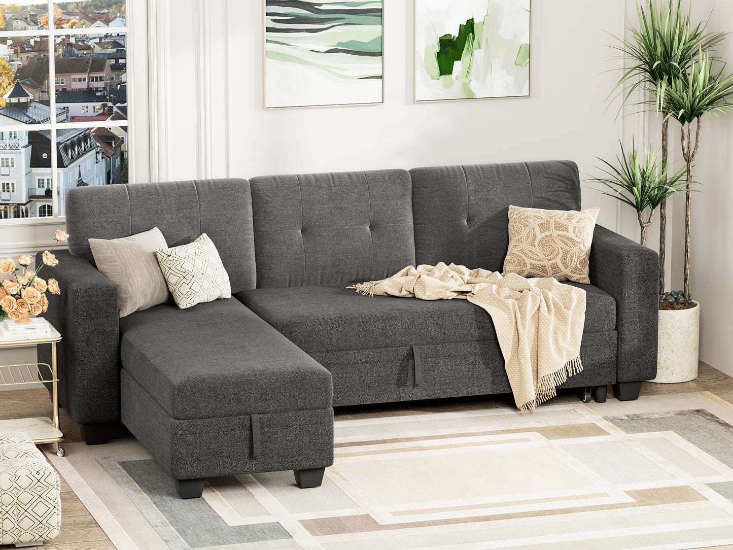 Furmax Convertible L-Shape Sofa with Storage Chaise and Pull-out Sofa Bed, Fabric Sectional Couch , Gray