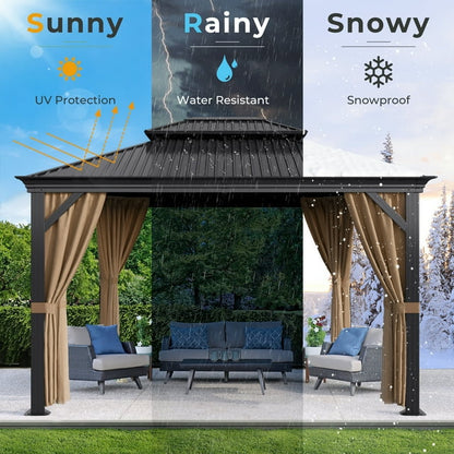 Furmax 10' x 12' Outdoor Hardtop Gazebo Galvanized Steel Metal Double Roof and Aluminum Frame with Canopy, Netting, Curtains Permanent Pergola for Patio Backyard Garden Lawns Parties