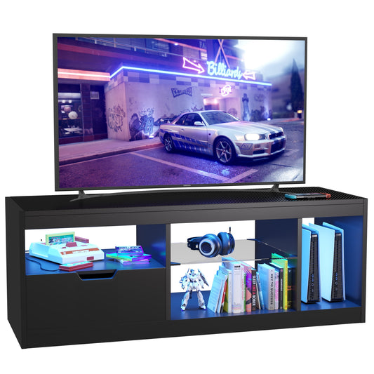 Furmax LED TV Stand for 65 inch TV, Modern TV Stand with LED Lights and High Glossy Cabinets, Game Console Entertainment Center with Storage Shelves and Media Layers for Living Room Bedroom