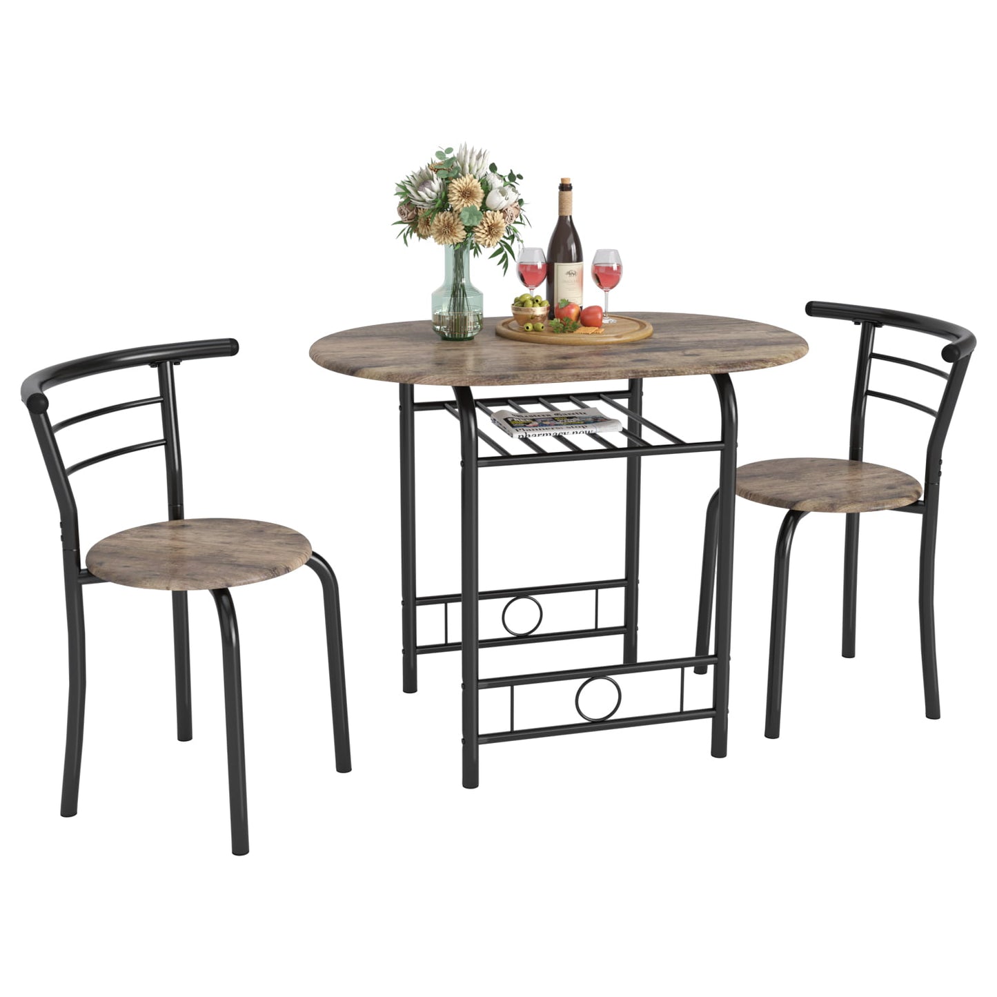 Furmax 3 Piece Wood and Metal Dining set, Small dining table for 2 ,for Living Room, Dining Room, Kitchen