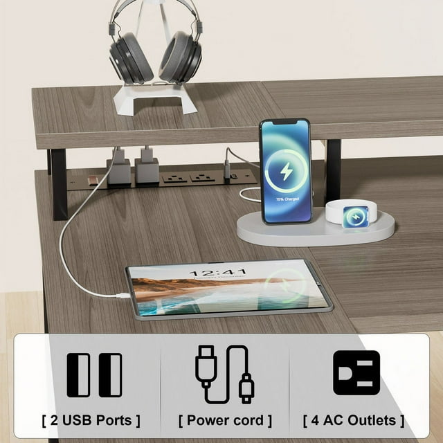 Furmax L-Shape Office Desk Gaming Table with LED Lights Built-in Socket Computer Stand Cloth Drawer 2 Types of Assembly