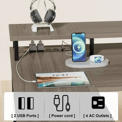 Furmax L-Shape Office Desk Gaming Table with LED Lights Built-in Socket Computer Stand Cloth Drawer 2 Types of Assembly