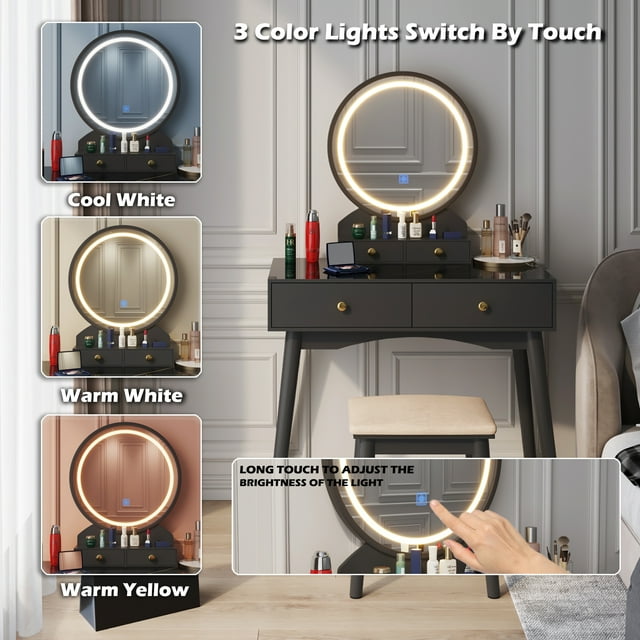 Furmax Vanity Table with Lighted Mirror, Vanity Desk with Stool, Dressing Table with 4 Drawers, Makeup Vanity Set