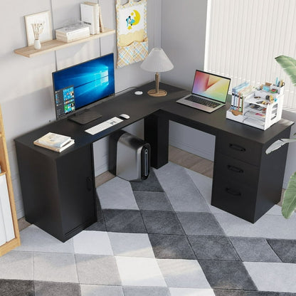 Furmax L Shaped Desk Corner Office Desk Computer Desk with Storage Cabinet & Drawers
