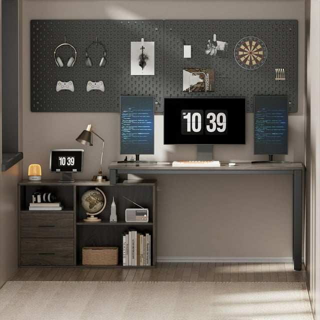Furmax 55 Inch L-Shaped Corner Computer Desk with File Cabinet, Power Outlet, Home Office Desk with 2 Drawers and 3 Storage Shelve, Workstation Executive Desk with Storage Shelf for Home Office