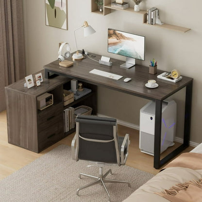 Furmax 55 Inch L-Shaped Corner Computer Desk with File Cabinet, Power Outlet, Home Office Desk with 2 Drawers and 3 Storage Shelve, Workstation Executive Desk with Storage Shelf for Home Office