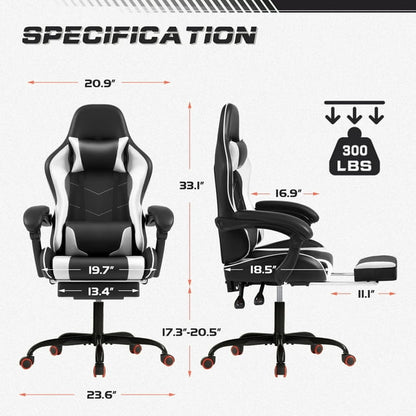 Furmax High Back Massage Gaming Chair with Footrest PU Leather Racing Computer Chair with Lumbar Support Ergonomic Office Chairs, White