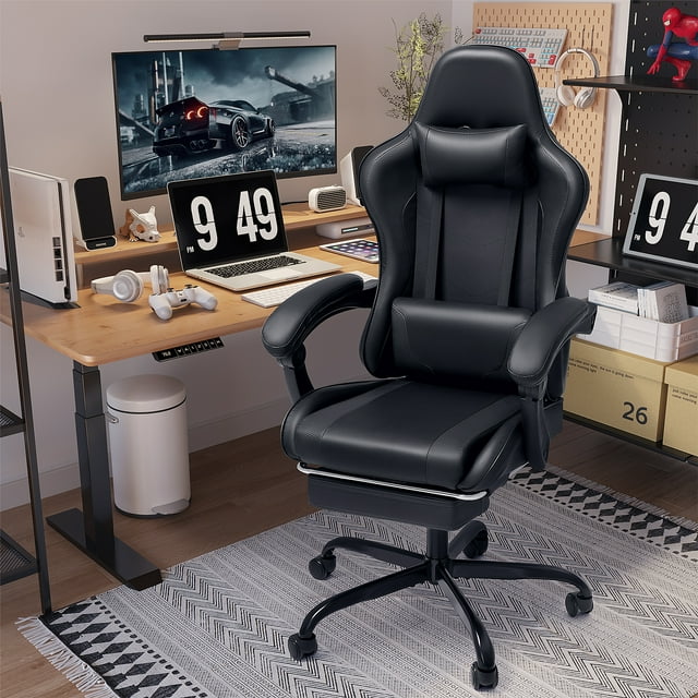 Furmax High Back Massage Gaming Chair with Footrest PU Leather Racing Computer Chair with Lumbar Support Ergonomic Office Chairs, White