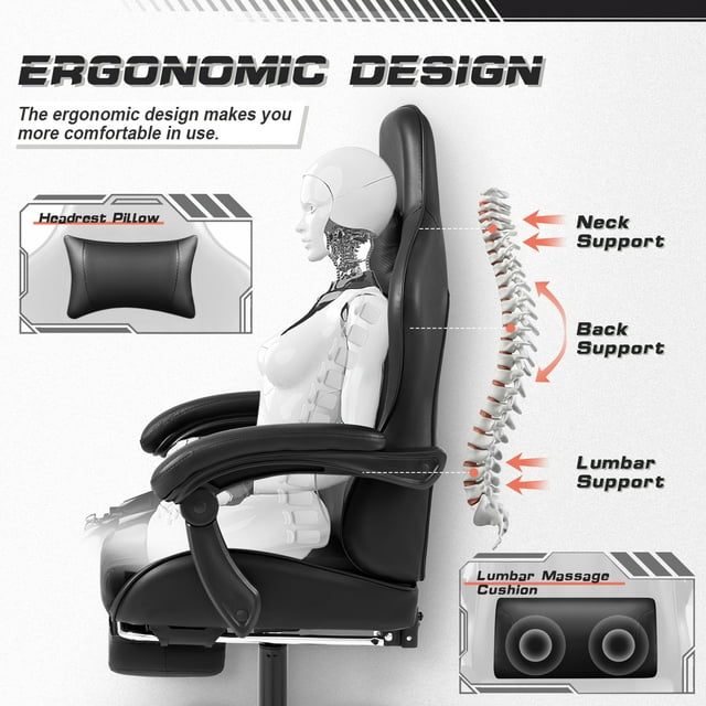 Furmax High Back Massage Gaming Chair with Footrest PU Leather Racing Computer Chair with Lumbar Support Ergonomic Office Chairs, White