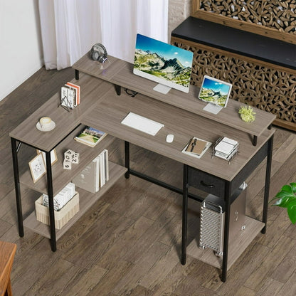 Furmax L-Shape Office Desk Gaming Table with LED Lights Built-in Socket Computer Stand Cloth Drawer 2 Types of Assembly