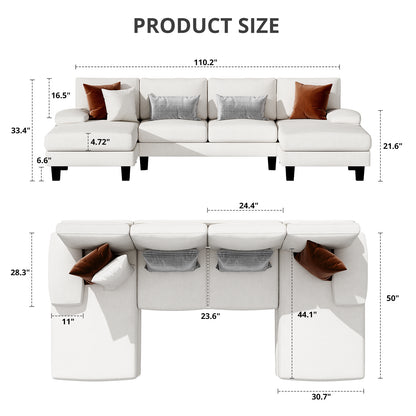 Furmax U-Shaped Sectional Sofa with Chaise, 4 Seats Chenille Fabric Sofa for Living room