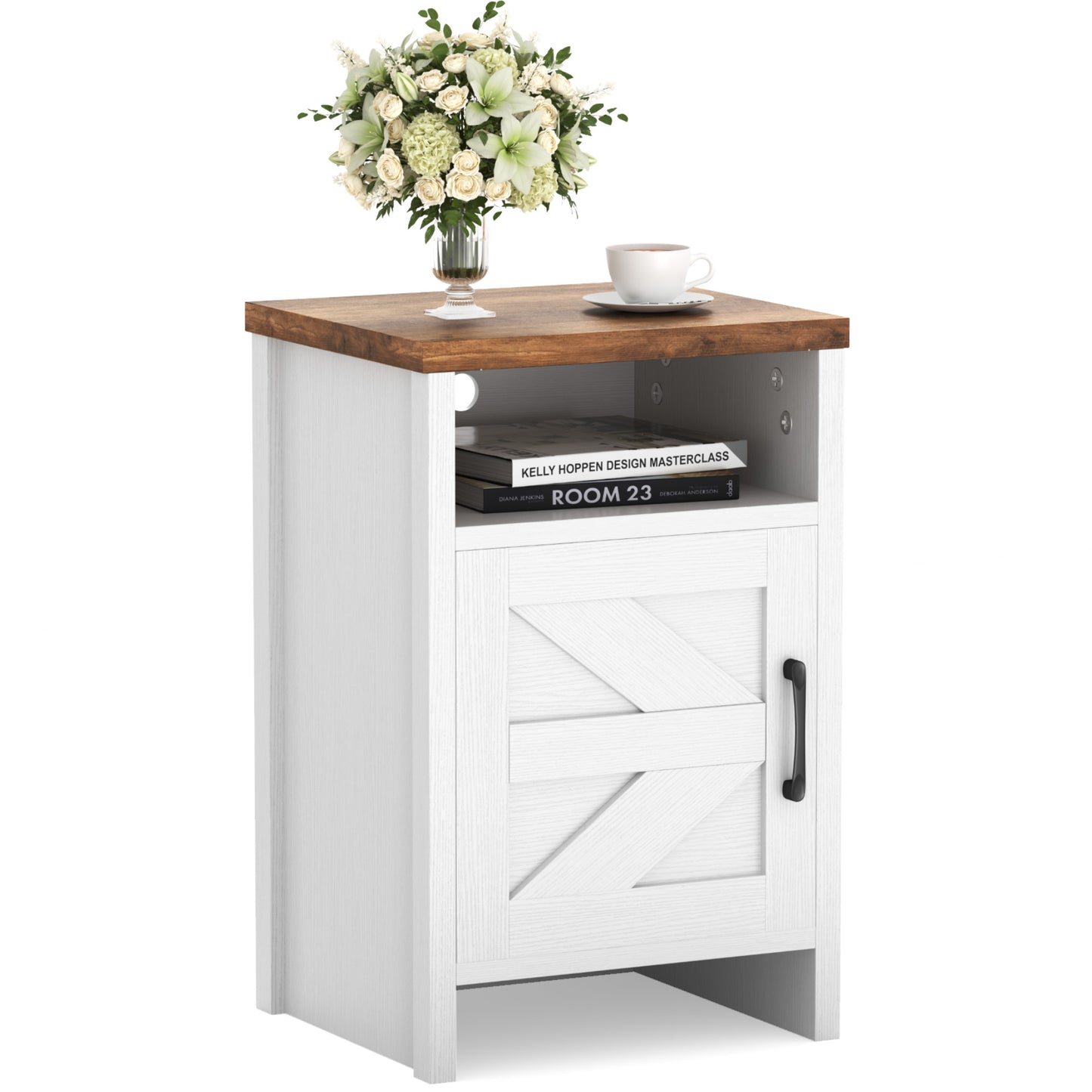 Furmax Farmhouse End Table, Nightstand Set of 2 with Barn Door and Shelf, Side Table for Living Room Bedroom