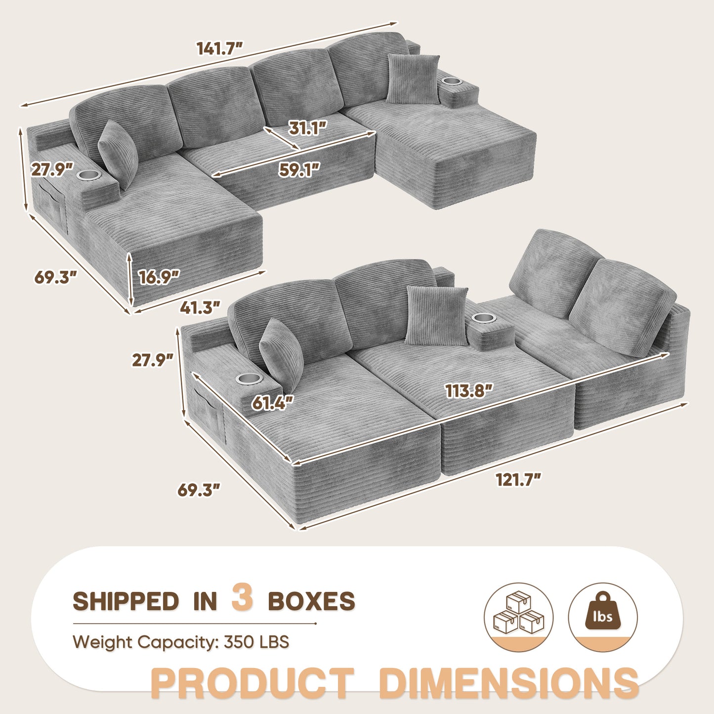 Furmax U-Shaped Structure 141" Boneless Modular Sectional Sofa Cloud-Like Softness No Assembly Effort Needed with Plush Deep Seating for Living Room Bedroom Decor