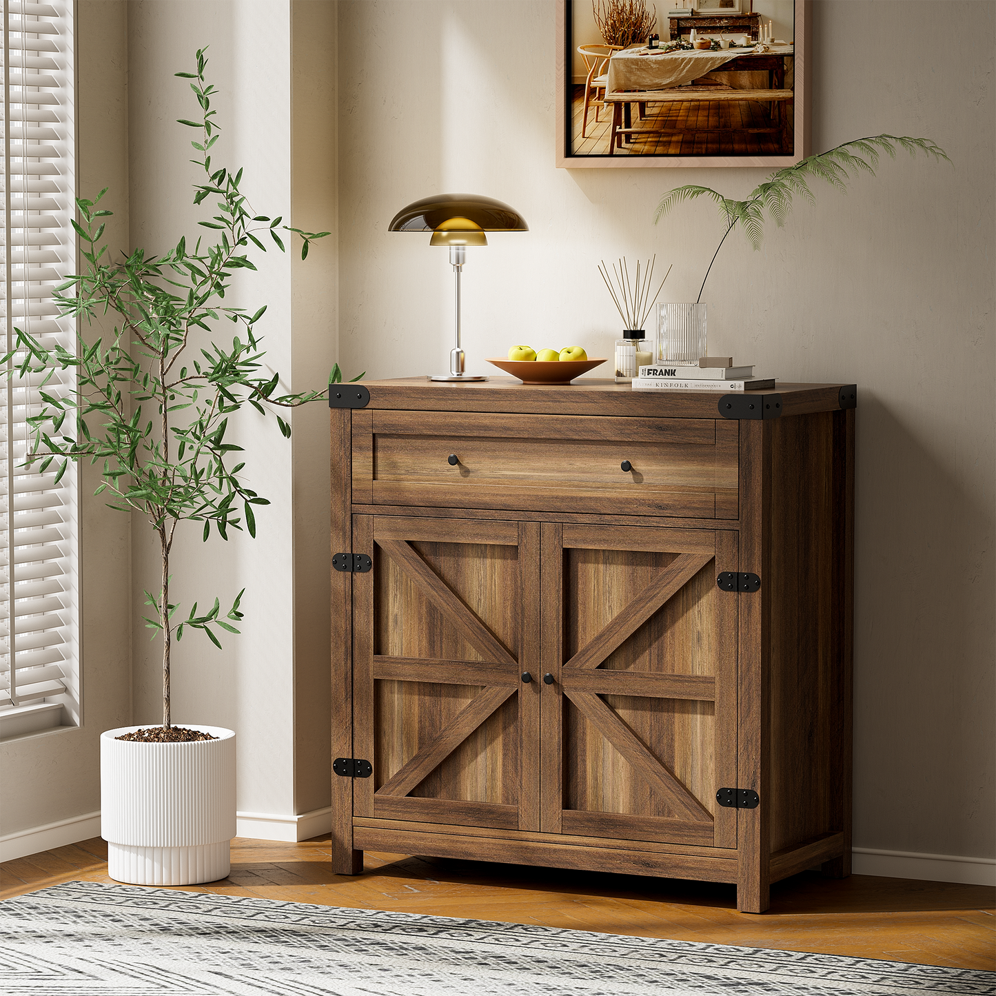 Furmax Modern Farmhouse Storage Cabinet, Wood Kitchen Buffet Sideboard with Drawer and Shelf