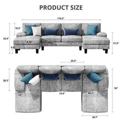 Furmax U-Shaped Sectional Sofa with Chaise, 4 Seats Chenille Fabric Sofa for Living room