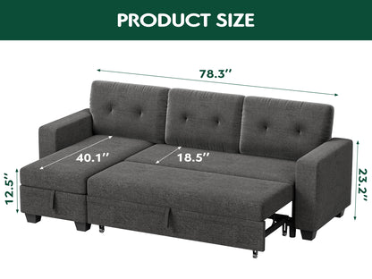 Furmax Convertible L-Shape Sofa with Storage Chaise and Pull-out Sofa Bed, Fabric Sectional Couch , Gray