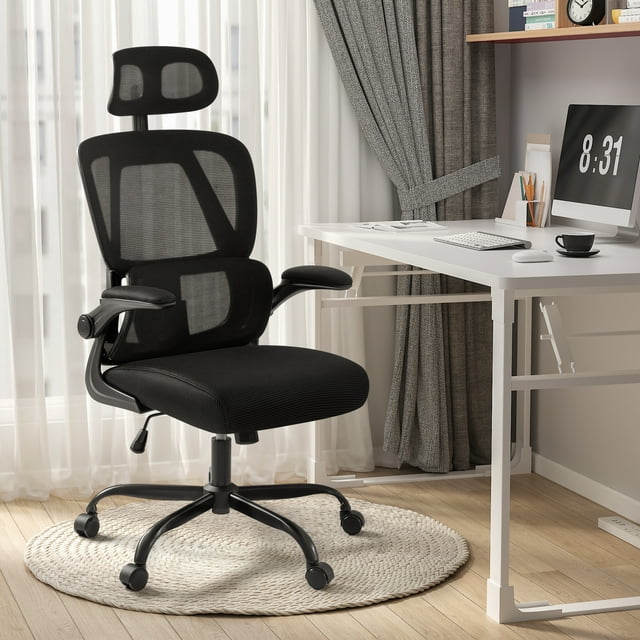 Furmax Ergonomic Office Chair Mesh Office Chair with Adjustable Headrest & Flip-Up Arms, Swivel Computer Task Chair with Lumbar Support