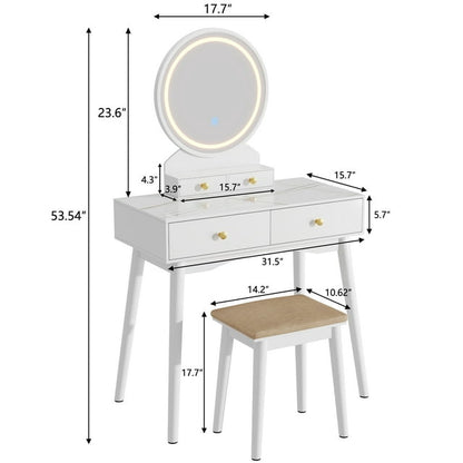 Furmax Vanity Table with Lighted Mirror, Vanity Desk with Stool, Dressing Table with 4 Drawers, Makeup Vanity Set
