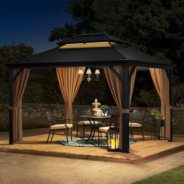 Furmax 10' x 12' Outdoor Hardtop Gazebo Galvanized Steel Metal Double Roof and Aluminum Frame with Canopy, Netting, Curtains Permanent Pergola for Patio Backyard Garden Lawns Parties