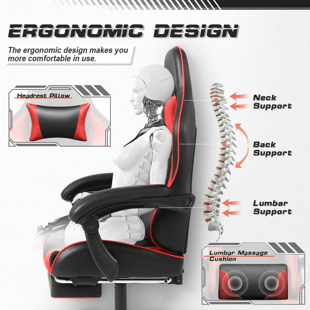 Furmax High Back Massage Gaming Chair with Footrest PU Leather Racing Computer Chair with Lumbar Support Ergonomic Office Chairs, White