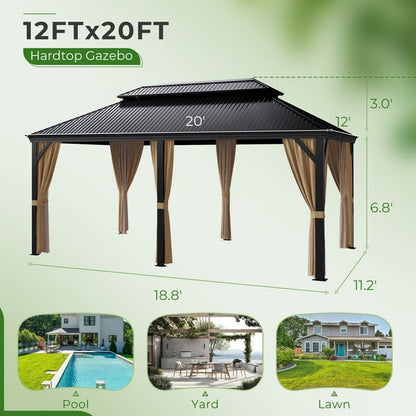 Furmax 10' x 12' Outdoor Hardtop Gazebo Galvanized Steel Metal Double Roof and Aluminum Frame with Canopy, Netting, Curtains Permanent Pergola for Patio Backyard Garden Lawns Parties
