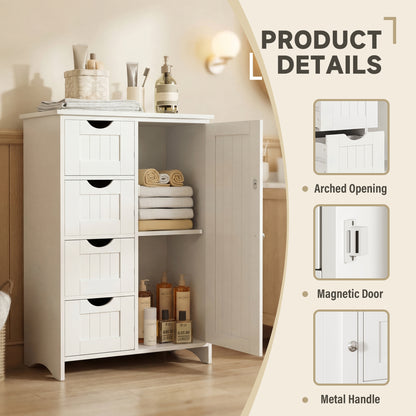 Furmax Wooden Bathroom Floor Cabinet with 4 Drawers, 1 Adjustable Shelf & 1 Cupboard，Side Storage Organizer Storage Cabinet for Bathroom, Entryway