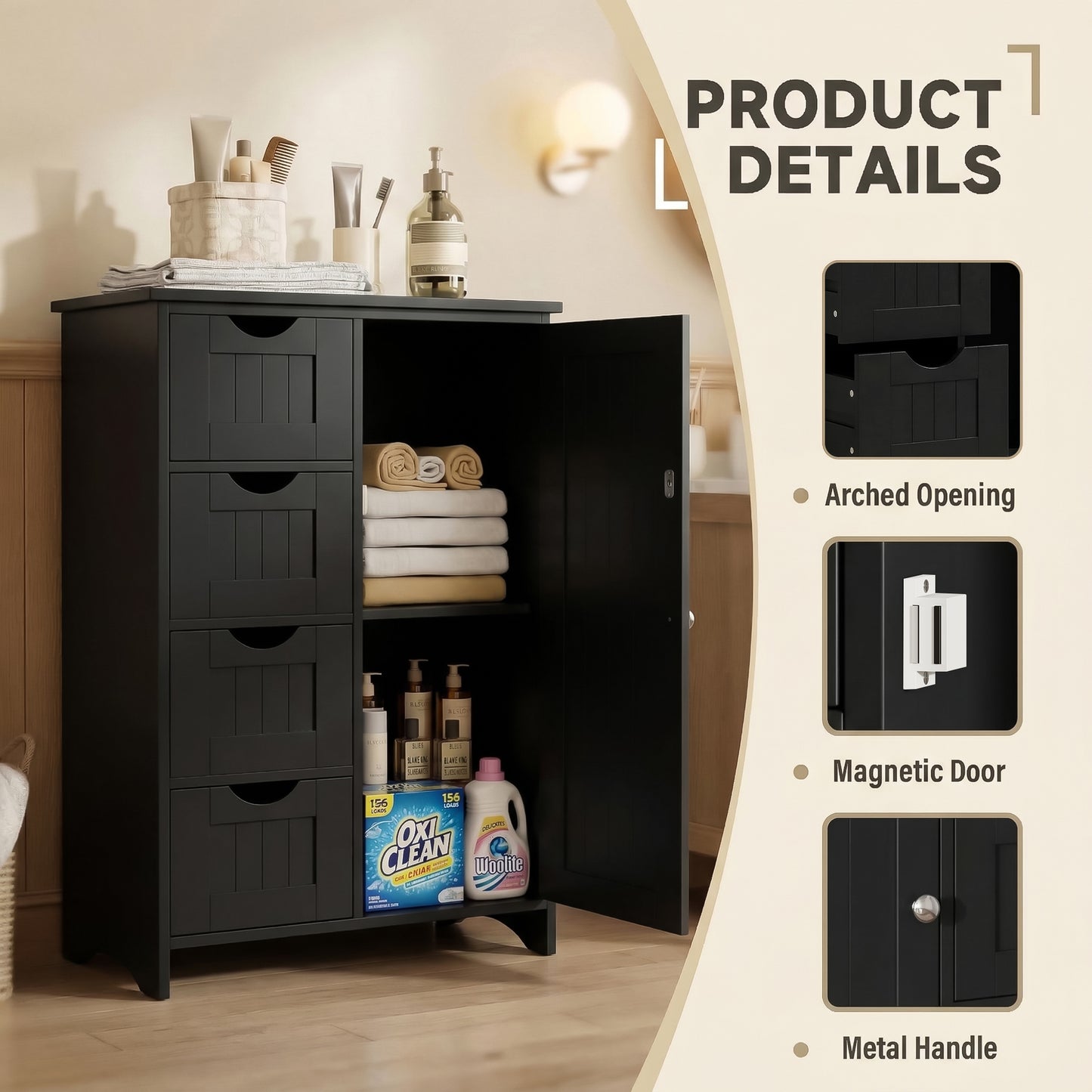 Furmax Wooden Bathroom Floor Cabinet with 4 Drawers, 1 Adjustable Shelf & 1 Cupboard，Side Storage Organizer Storage Cabinet for Bathroom, Entryway
