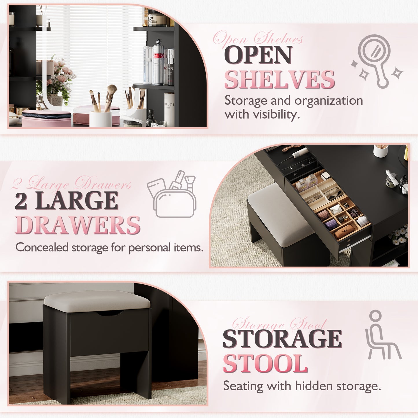 Furmax Makeup Vanity Desk and Bench Set with LED Lighted Mirror Vanity Table with Drawers, Shelves & Side Storage for Bedroom