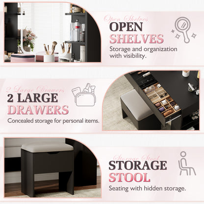 Furmax Makeup Vanity Desk and Bench Set with LED Lighted Mirror Vanity Table with Drawers, Shelves & Side Storage for Bedroom