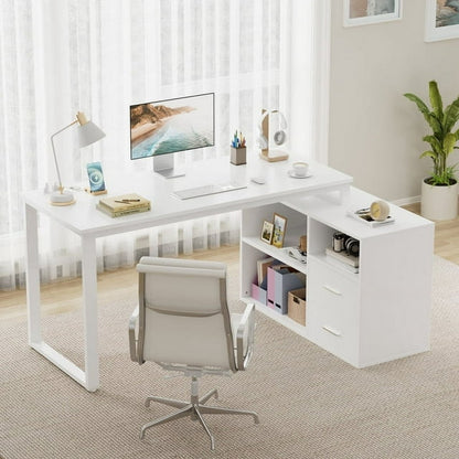 Furmax 55 Inch L-Shaped Corner Computer Desk with File Cabinet, Power Outlet, Home Office Desk with 2 Drawers and 3 Storage Shelve, Workstation Executive Desk with Storage Shelf for Home Office