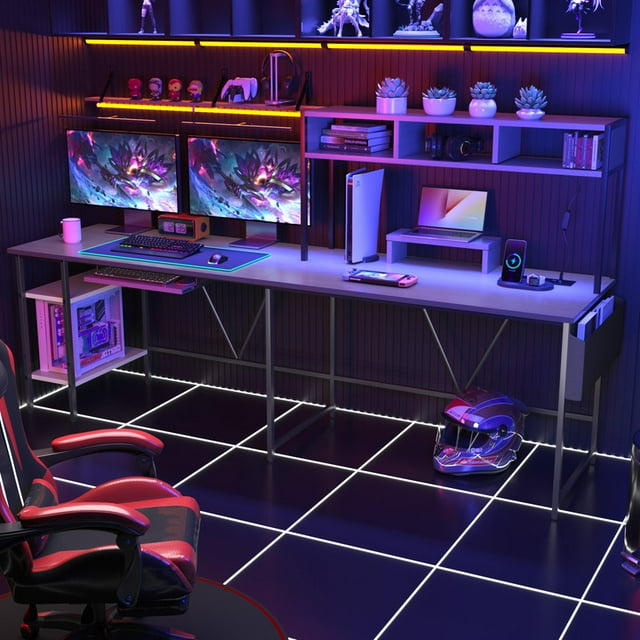 Furmax L-Shape Office Desk Gaming Table with LED Lights Storage Rack Built-in Socket Computer Stand Organizer Pocket Keyboard Drawer