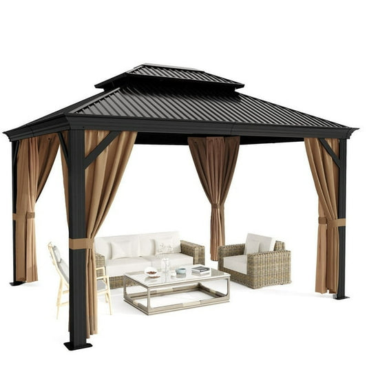 Furmax 10' x 12' Outdoor Hardtop Gazebo Galvanized Steel Metal Double Roof and Aluminum Frame with Canopy, Netting, Curtains Permanent Pergola for Patio Backyard Garden Lawns Parties